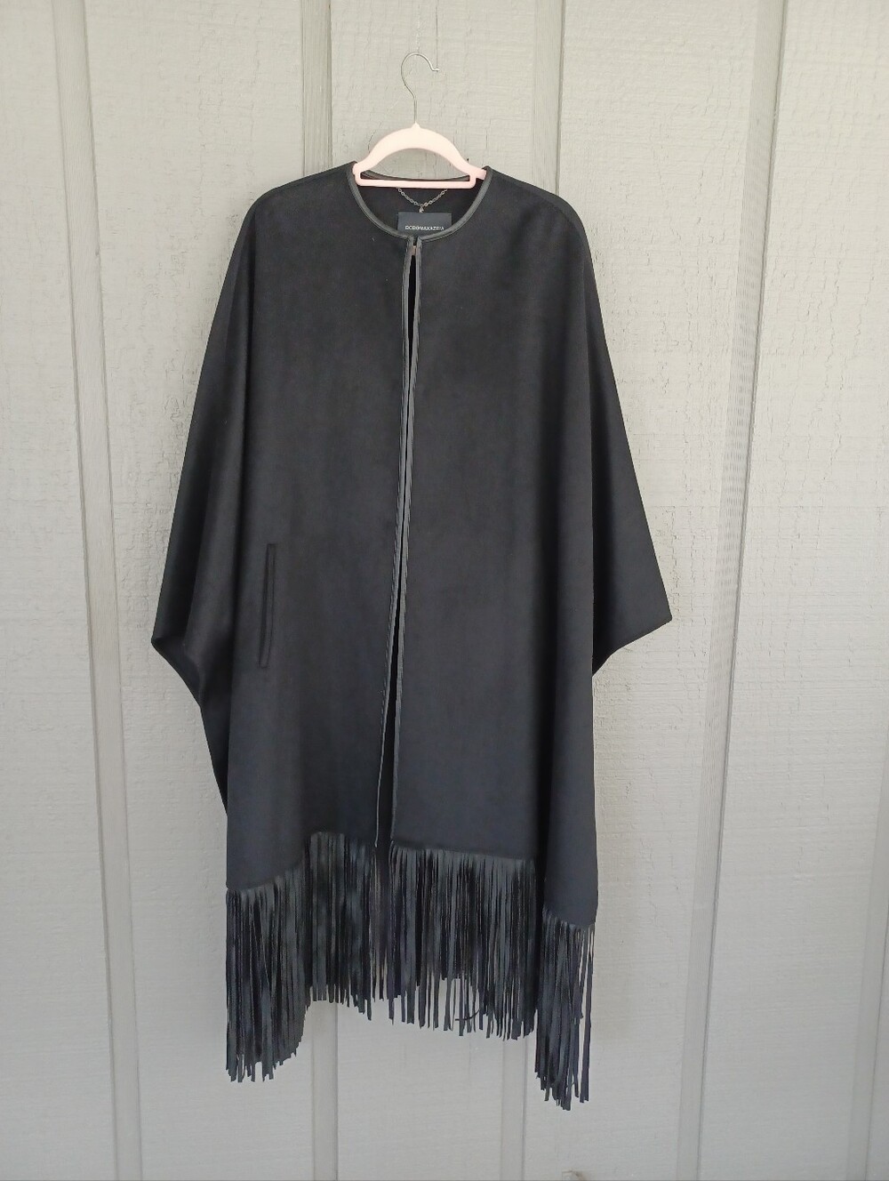 BcbgMaxazria Wool Blend Faux Suede Fringed Cape Size OS Kimono Sleeve In Black